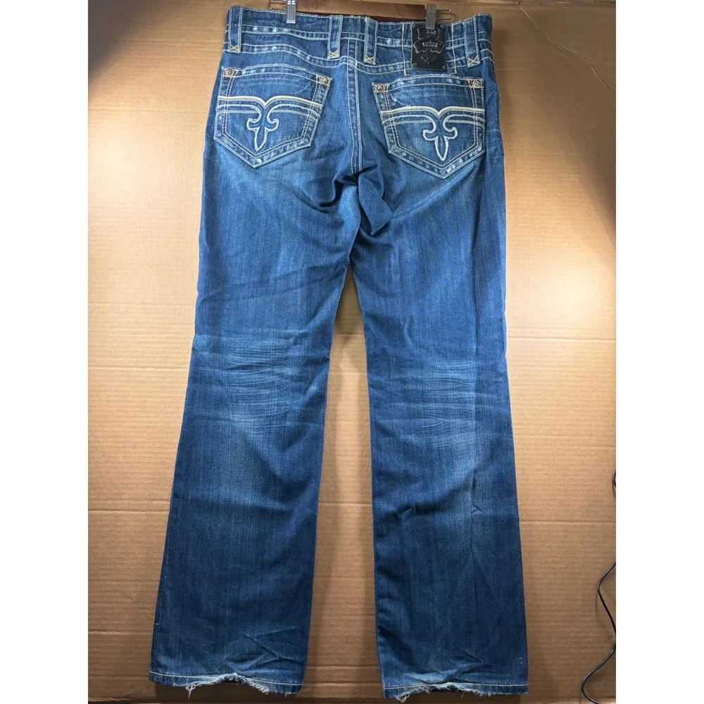 Rock Revival Curtis Straight Jeans Mens 36 Blue Distressed Thick Stitch Denim